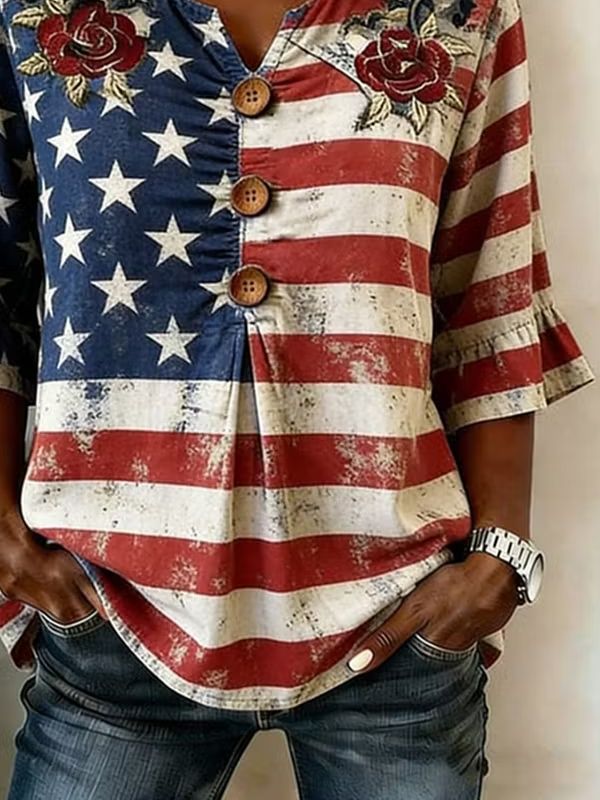 Women Independence Day (Flag) V Neck Half Sleeve Blouse Printing Vintage Daily Summer Top