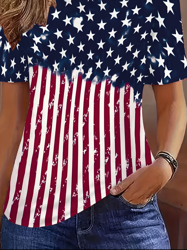 Women America Flag Short Sleeve Tee T-shirt Crew Neck Printing Casual Graphic Tee Summer Top