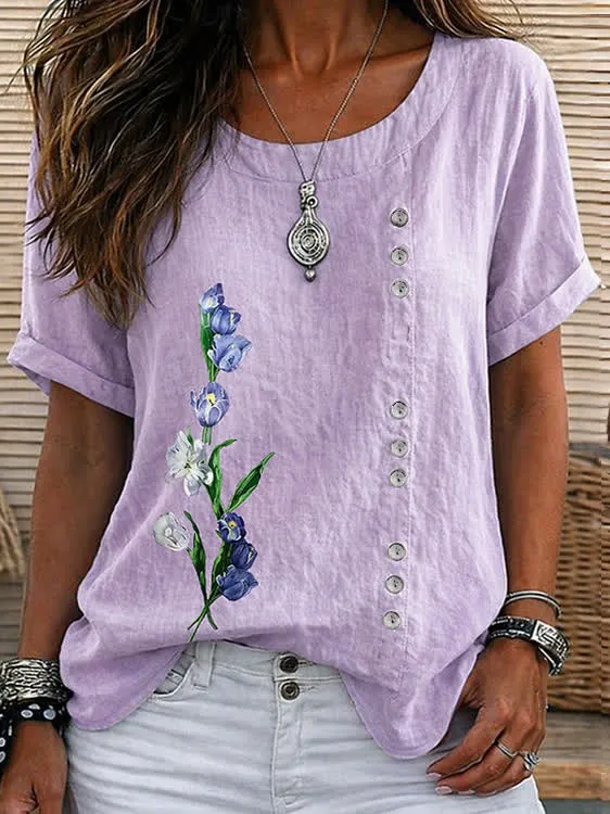 Women Floral Crew Neck Short Sleeve Shirt Printing Casual Daily Summer Top