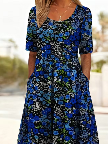 Women Floral Short Sleeve Crew Neck Printing Dress Daily Casual Maxi Shift Dress H-Line Summer Dress