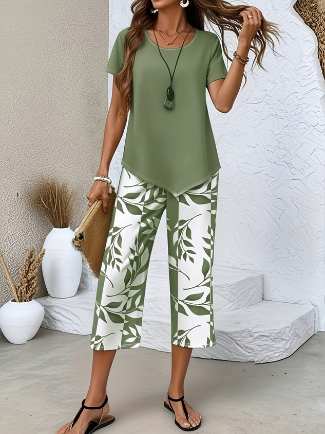 Women Floral Two-Piece Set Daily Short Sleeve Casual Summer Top With Pants Matching Set