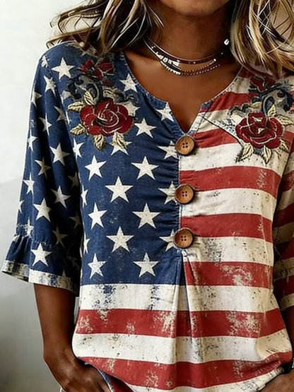 Women Independence Day (Flag) V Neck Half Sleeve Blouse Printing Vintage Daily Summer Top