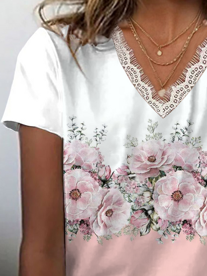 Women Floral Short Sleeve Tee T-shirt V Neck Printing Casual Summer Graphic Tee Top