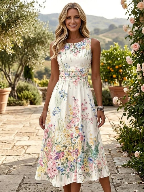 Women Floral Sleeveless Crew Neck Dress Daily Vacation Maxi A-Line Summer Dress