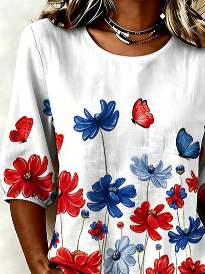 Women Floral Crew Neck Half Sleeve Blouse Printing Vintage Daily Summer Top