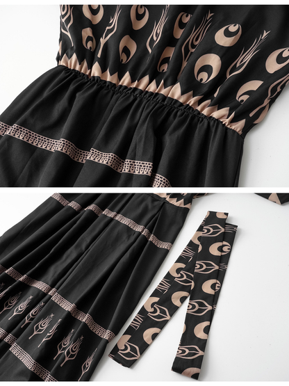 Women Geometric Short Sleeve Crew Neck Printing Dress Daily Vintage Maxi Shirt Dress A-Line Summer Dress