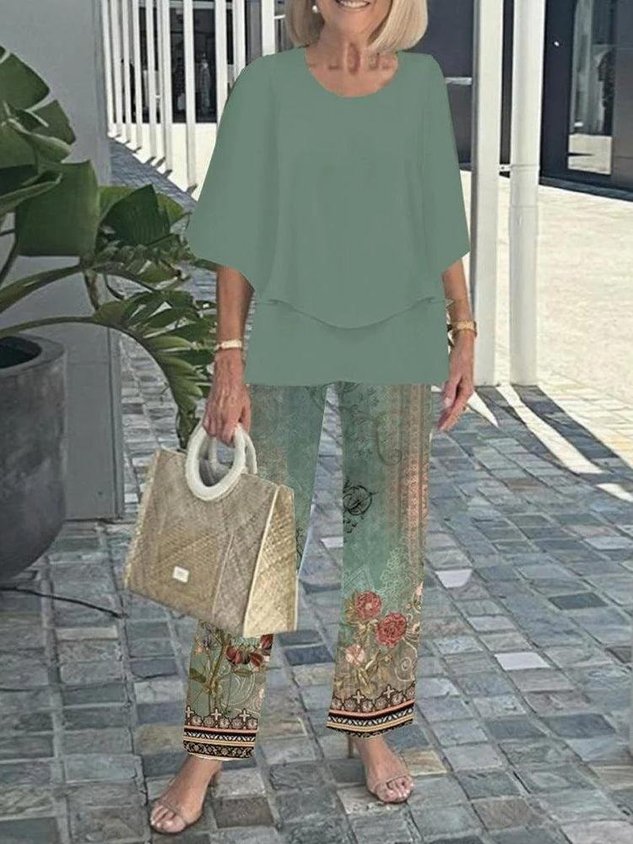 Women Floral Two-Piece Set Daily Short Sleeve Casual Summer Top With Pants Matching Set