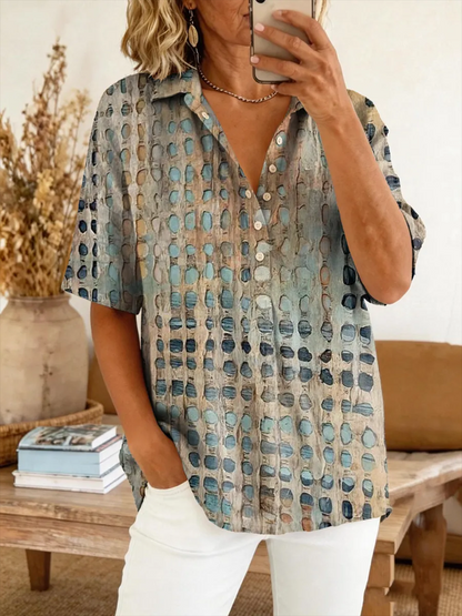 Women Abstract Shirt Collar Short Sleeve Shirt Printing Casual Daily Summer Top
