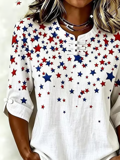 Women Star Mandarin Collar Half Sleeve Blouse Printing Vintage Daily Summer Top