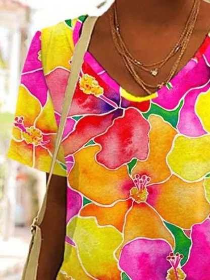 Women Floral Short Sleeve Tee T-shirt V Neck Printing Casual Summer Graphic Tee Top
