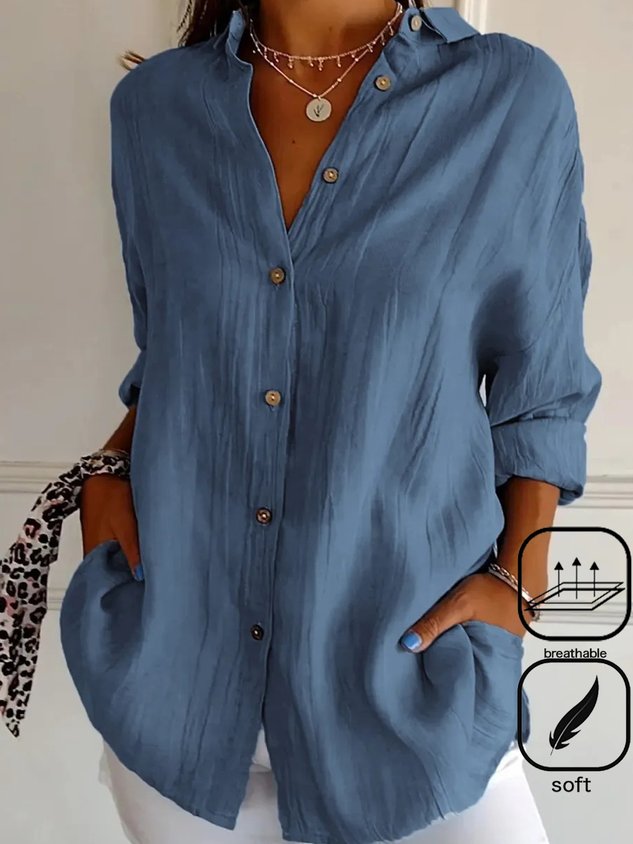 Women's Long Sleeve Shirt Spring/Fall Plain Cotton Shirt Collar Daily Going Out Casual Top