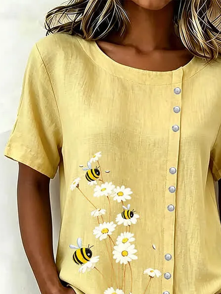 Women Floral Crew Neck Short Sleeve Shirt Printing Casual Daily Summer Top