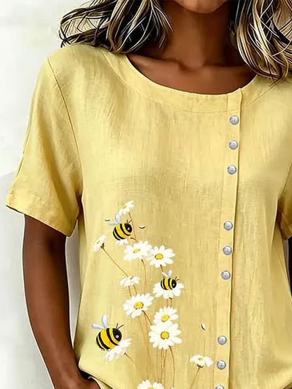 Women Floral Crew Neck Short Sleeve Shirt Printing Casual Daily Summer Top