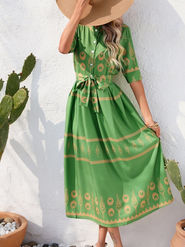Women Geometric Short Sleeve Crew Neck Printing Dress Daily Vintage Maxi Shirt Dress A-Line Summer Dress
