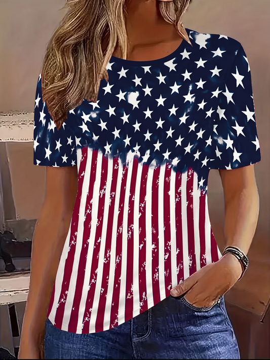 Women America Flag Short Sleeve Tee T-shirt Crew Neck Printing Casual Graphic Tee Summer Top