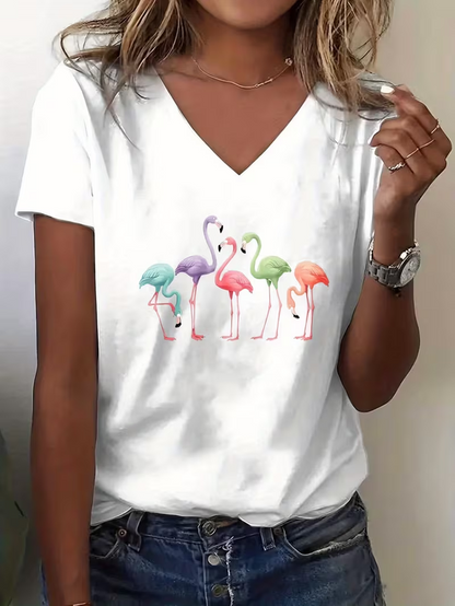 Women Flamingo Short Sleeve Tee T-shirt V Neck Printing Vintage Summer Top