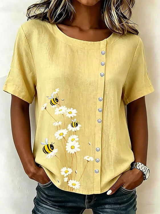 Women Floral Crew Neck Short Sleeve Shirt Printing Casual Daily Summer Top