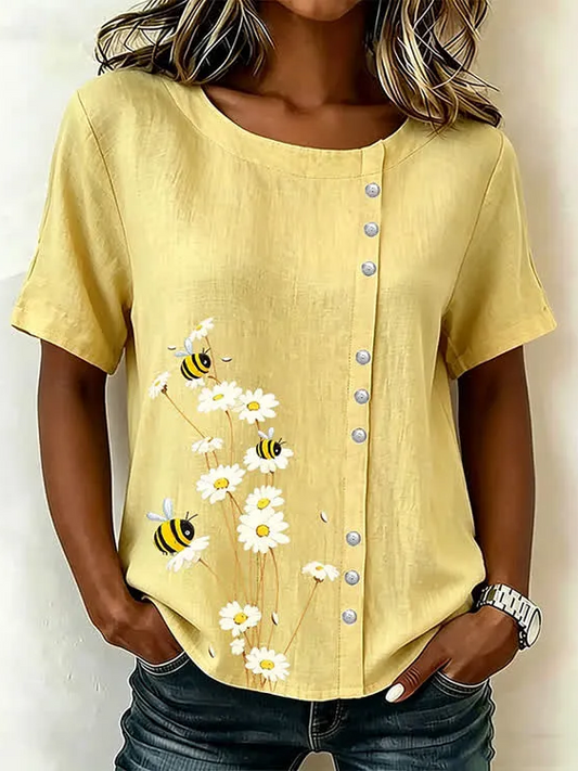 Women Floral Crew Neck Short Sleeve Shirt Printing Casual Daily Summer Top