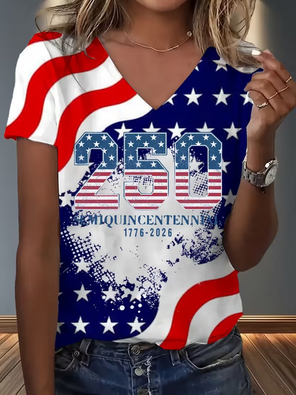 Women Abstract Short Sleeve Tee T-shirt V Neck Printing Vintage Summer Top