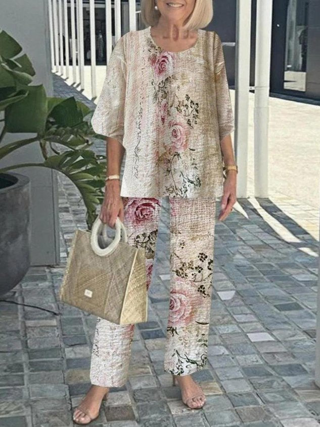 Women Floral Two-Piece Set Daily Short Sleeve Casual Summer Top With Pants Matching Set