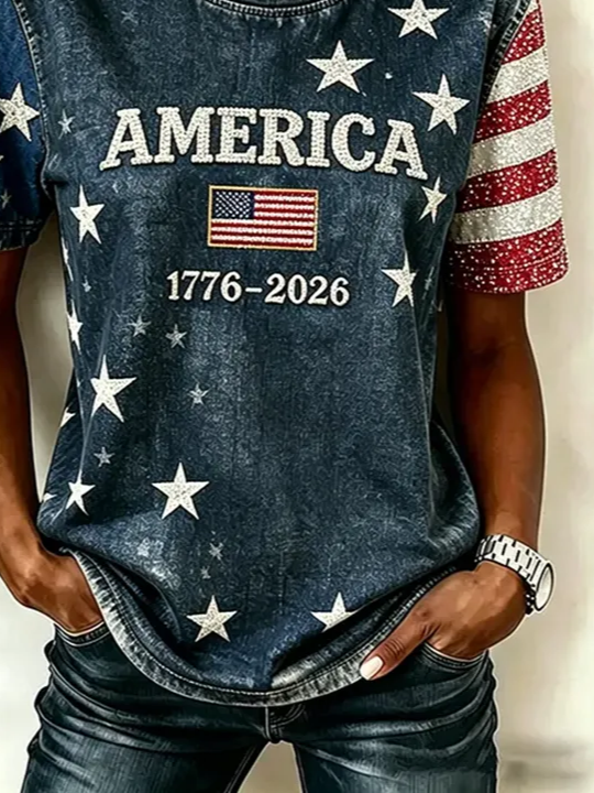 Women Independence Day (Flag) Short Sleeve Tee T-shirt Crew Neck Printing Casual Graphic Tee Summer Top