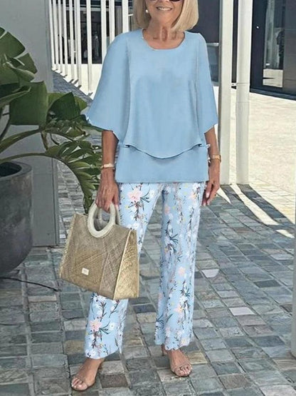 Women Floral Two-Piece Set Daily Short Sleeve Casual Summer Top With Pants Matching Set