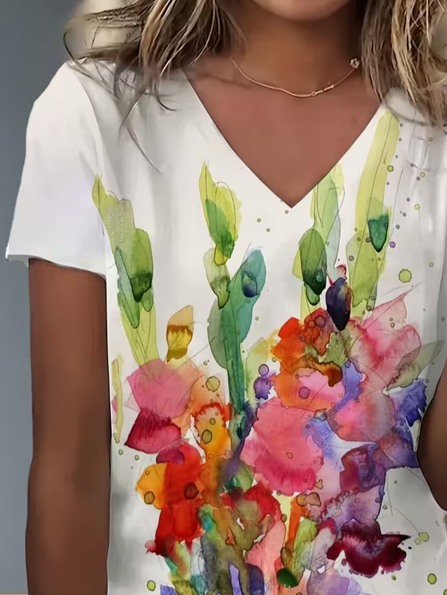 Women Abstract Short Sleeve Tee T-shirt V Neck Printing Vintage Summer Top