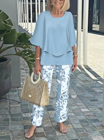Women Floral Two-Piece Set Daily Short Sleeve Casual Summer Top With Pants Matching Set