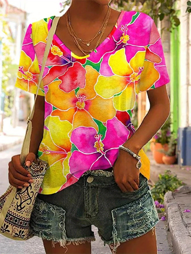 Women Floral Short Sleeve Tee T-shirt V Neck Printing Casual Summer Graphic Tee Top