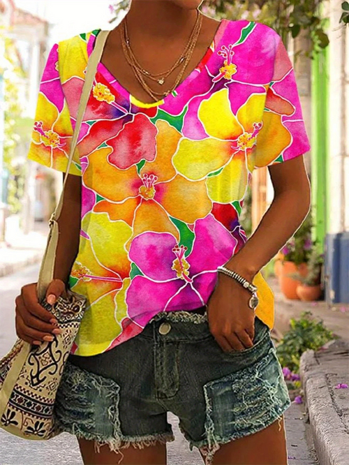 Women Floral Short Sleeve Tee T-shirt V Neck Printing Casual Summer Graphic Tee Top