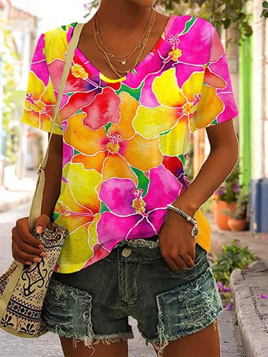 Women Floral Short Sleeve Tee T-shirt V Neck Printing Casual Summer Graphic Tee Top