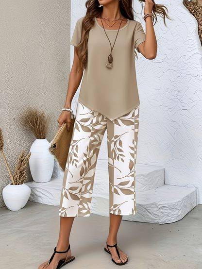 Women Floral Two-Piece Set Daily Short Sleeve Casual Summer Top With Pants Matching Set