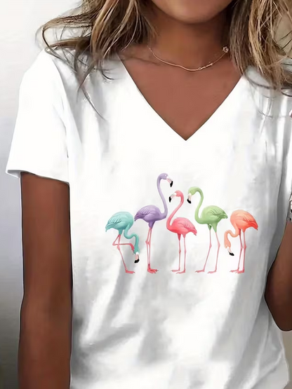 Women Flamingo Short Sleeve Tee T-shirt V Neck Printing Vintage Summer Top