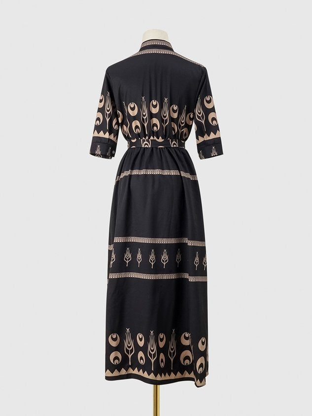 Women Geometric Short Sleeve Crew Neck Printing Dress Daily Vintage Maxi Shirt Dress A-Line Summer Dress
