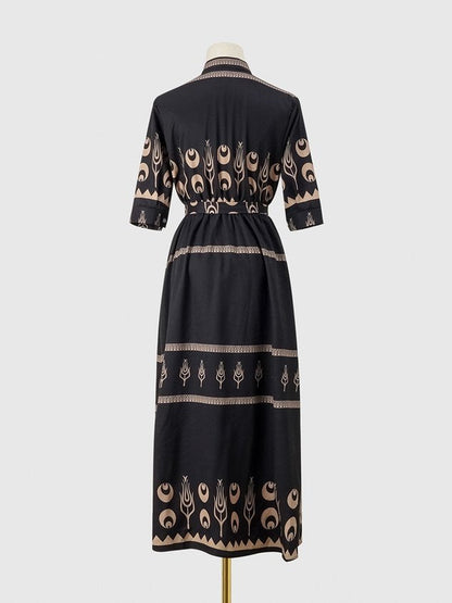 Women Geometric Short Sleeve Crew Neck Printing Dress Daily Vintage Maxi Shirt Dress A-Line Summer Dress