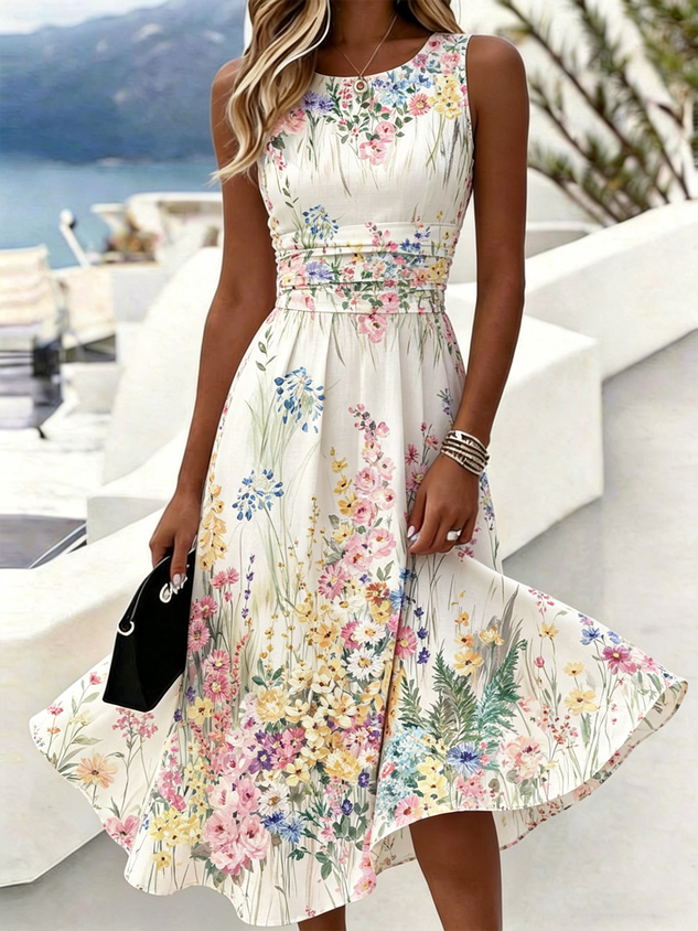 Women Floral Sleeveless Crew Neck Dress Daily Vacation Maxi A-Line Summer Dress