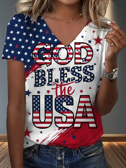 Women Text Letters Short Sleeve Tee T-shirt V Neck Casual Summer Top