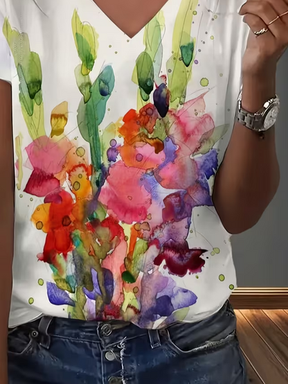 Women Abstract Short Sleeve Tee T-shirt V Neck Printing Vintage Summer Top