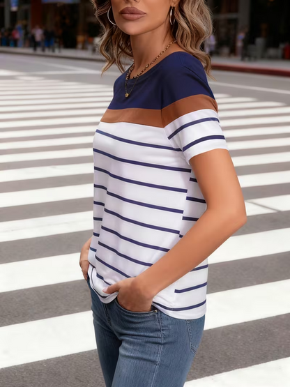 Women Striped Short Sleeve Tee T-shirt Crew Neck Printing Casual Graphic Tee Summer Top
