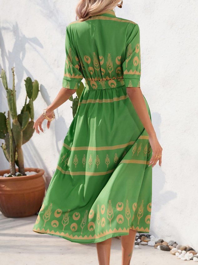 Women Geometric Short Sleeve Crew Neck Printing Dress Daily Vintage Maxi Shirt Dress A-Line Summer Dress