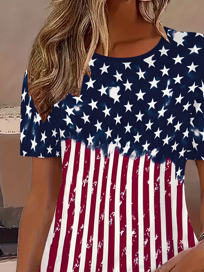 Women America Flag Short Sleeve Tee T-shirt Crew Neck Printing Casual Graphic Tee Summer Top