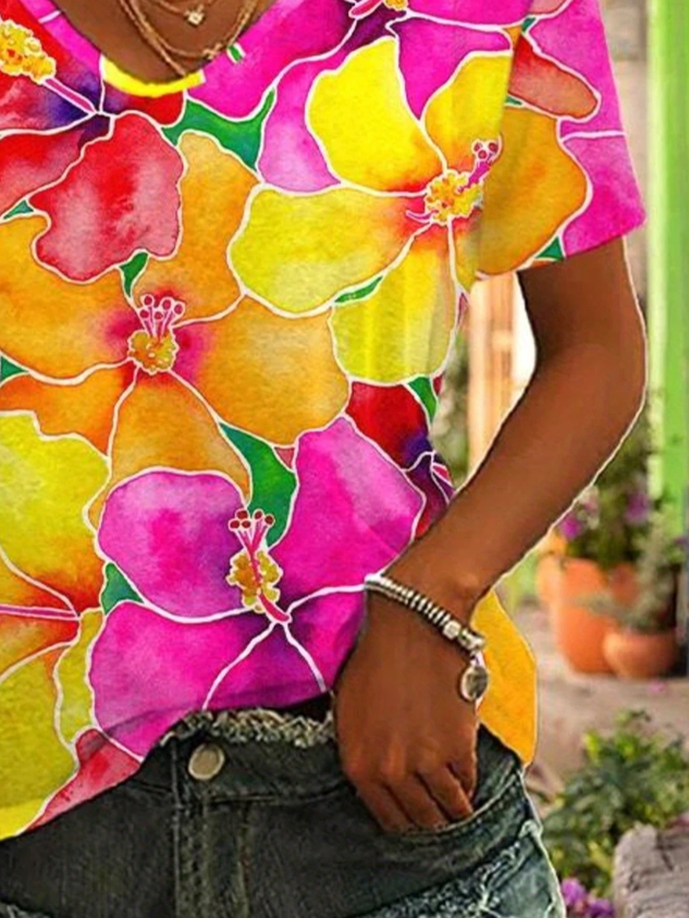 Women Floral Short Sleeve Tee T-shirt V Neck Printing Casual Summer Graphic Tee Top