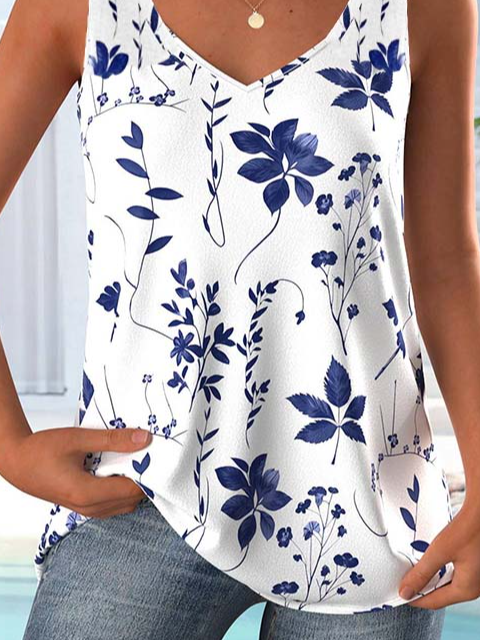 Women Sleeveless Tank Top Camisole Summer Floral V Neck Daily Casual Top