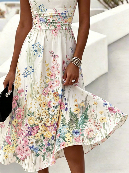 Women Floral Sleeveless Crew Neck Dress Daily Vacation Maxi A-Line Summer Dress