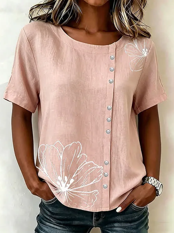 Women Floral Crew Neck Short Sleeve Shirt Printing Casual Daily Summer Top