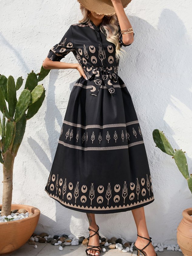 Women Geometric Short Sleeve Crew Neck Printing Dress Daily Vintage Maxi Shirt Dress A-Line Summer Dress