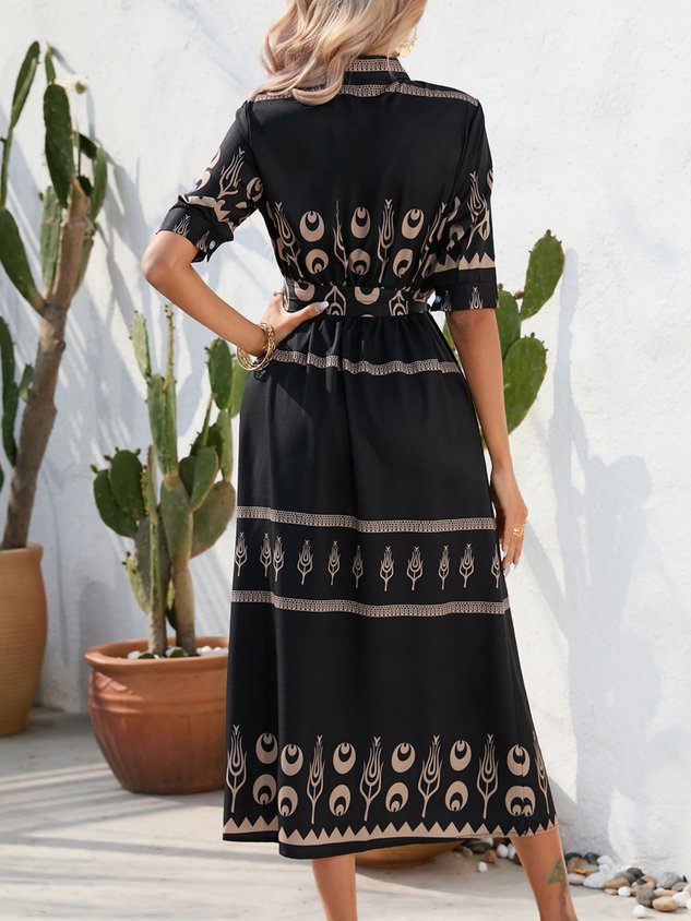 Women Geometric Short Sleeve Crew Neck Printing Dress Daily Vintage Maxi Shirt Dress A-Line Summer Dress