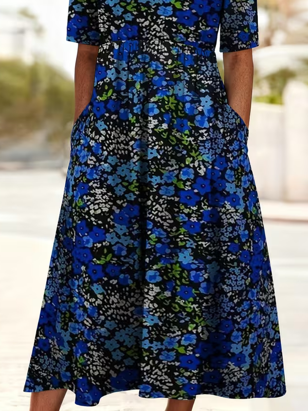 Women Floral Short Sleeve Crew Neck Printing Dress Daily Casual Maxi Shift Dress H-Line Summer Dress