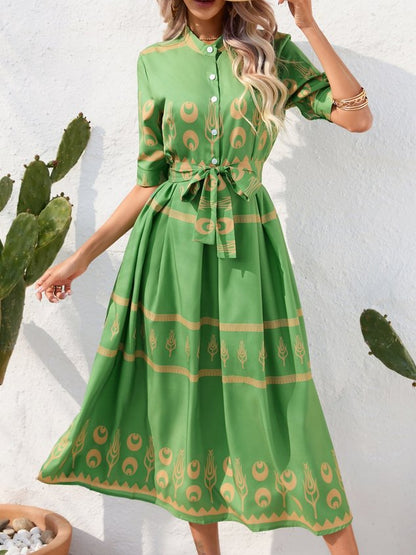 Women Geometric Short Sleeve Crew Neck Printing Dress Daily Vintage Maxi Shirt Dress A-Line Summer Dress