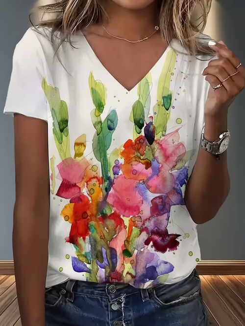 Women Abstract Short Sleeve Tee T-shirt V Neck Printing Vintage Summer Top